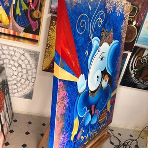 Akrylmålning av Lord Ganesha, väggdekoration på duk, originalmålning, indisk målning på duk, Ganpati-konst, figurativ konst bild 7