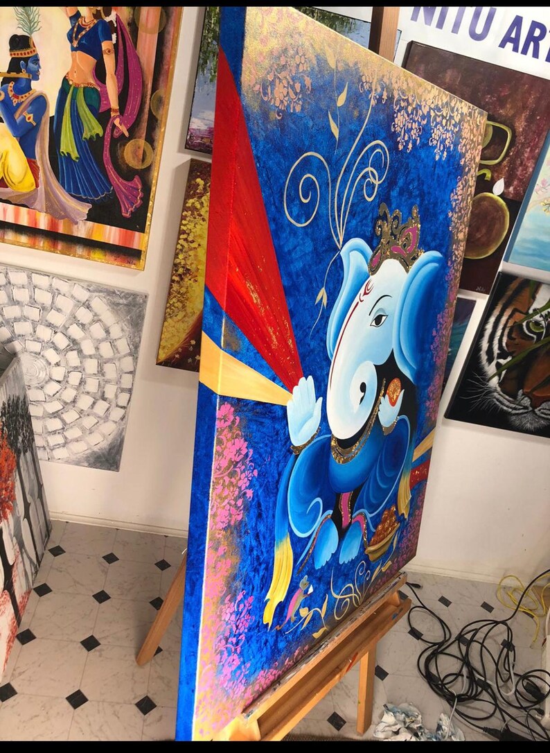 Akrylmålning av Lord Ganesha, väggdekoration på duk, originalmålning, indisk målning på duk, Ganpati-konst, figurativ konst bild 7