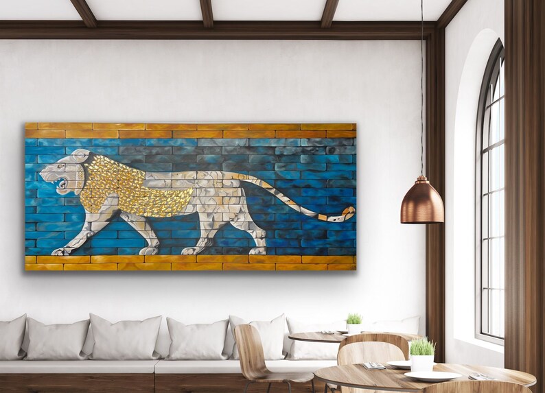 Original handmade A lion symbol of goddess Ishtar / acrylic painting / Home decor / Modern Art / Golden leaf image 6