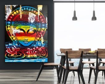 オリジナルの手作り仏像現代アクリル画、現代アート、瞑想アート、壁