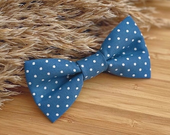 Blue and White Polka Dot Boys Bow Tie - Baby Infant Toddler Boy Youth Teen Bowtie - Adjustable Strap or Clip On - Wedding Graduation Party