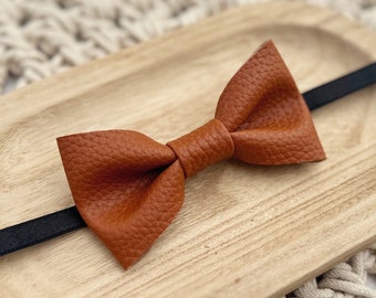 Vegan Leather Bow Tie - Cognac Brown Pleather - Baby Toddler Boy Youth Teen Adult - Adjustable Strap or Clip - Event Wedding Grad Fashion