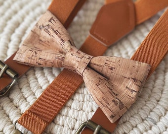 Cork Bow Tie - Natural Baby Infant Toddler Boy Youth Bowtie - Adjustable Neck Strap or Clip On - Boys Boho Dress Suit Tie Attire Graduation