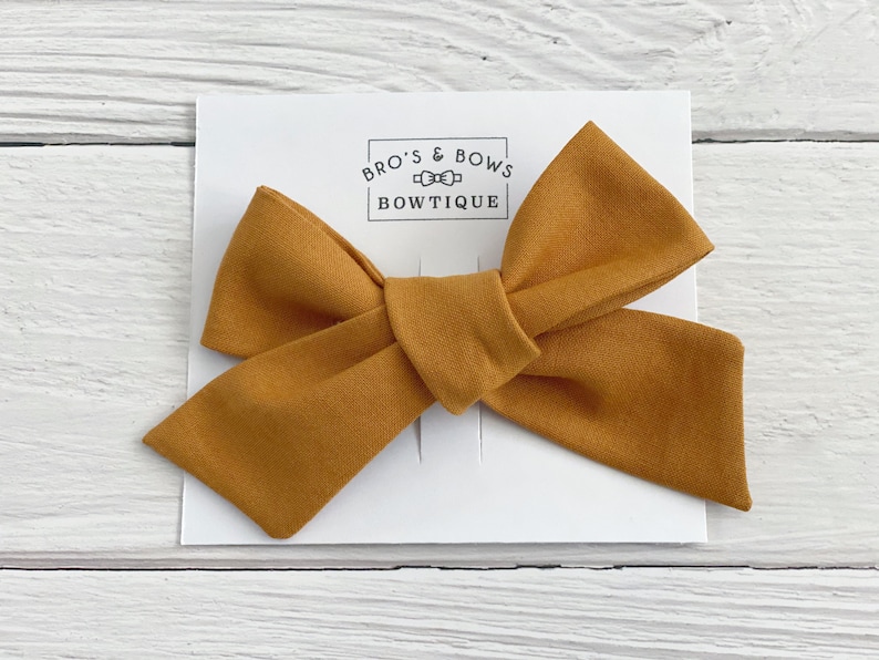 Mustard Baby Toddler Girl Bow Hair Accessory Cotton Bow Mustard Yellow Fall Colors Nylon Headband or Clip on Oversized Big Bow Knot