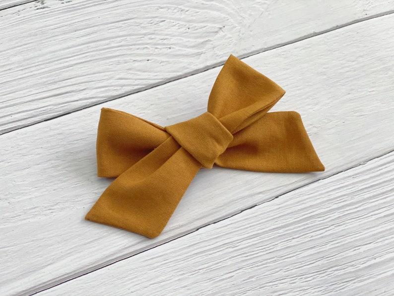 Mustard Baby Toddler Girl Bow Hair Accessory Cotton Bow Mustard Yellow Fall Colors Nylon Headband or Clip on Oversized Big Bow Knot
