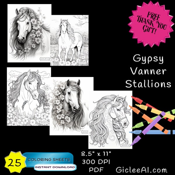 25 Horses Gypsy Vanner Grayscale Coloring Pages Printable Adult Coloring Printable PDF Stallion, Printable Pages,  Digital, Coloring Pages