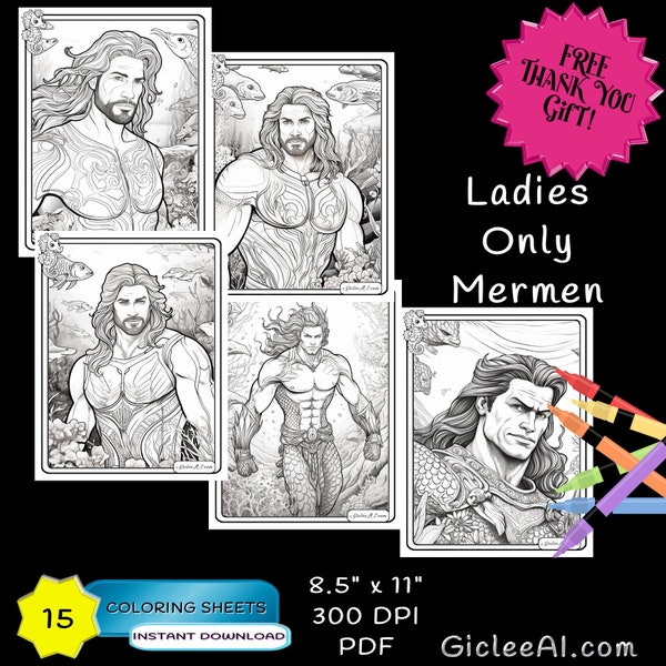 15 Mermen Male Mermaids, Ocean, Mythical Fantasy Sirens Adult Coloring Book, PDF, Printable Coloring Book, Pages, Digital, Coloring Sheets