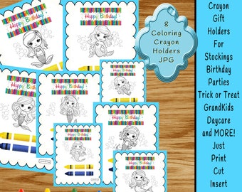 8 MERMAID Girl Birthday Party Crayon Holder Cards-Print then Cut Great for Silhouette and Cricut Coloring Crayon Cards Gift Parties Children