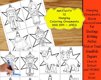 CHRISTMAS NATIVITY Christian Paper Tree Ornament Coloring Printable Kids Craft Christmas Party Printable Decoration DIY Instant Download