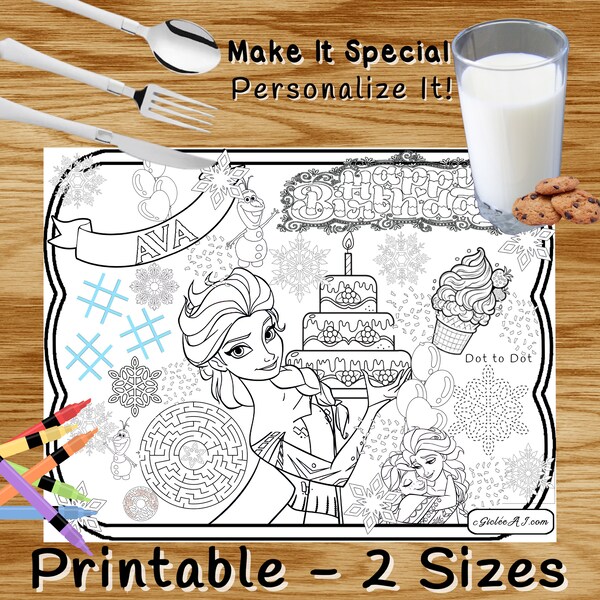 1 FROZEN ELSA Personalized Happy Birthday Party Activity Coloring Placemat, Printable Instant Download