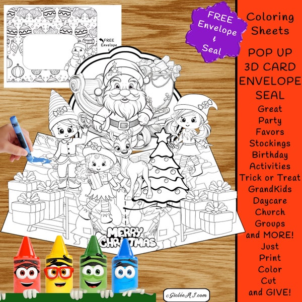 1 3D Pop-Up Christmas SANTA Elves Printable DIY Children's Kid's Coloring Card, Envelope Seal Kit  Girl Party Favors-FREE Envelope & Seal.