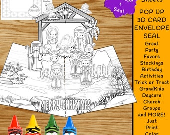 1 3D Pop-Up CHRISTMAS Nativity Printable DIY Children's Kid's Coloring Card Jesus, Mary Joseph, Nativity, With FREE Envelope and Free Seal.