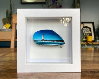 Berwick Pier Lighthouse Shell Painting, Northumberland Art, North East Art, Painted Shell, Shell Art, Acrylic Painting