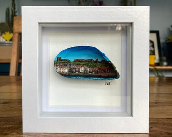 Whitby Harbour Shell Painting, Whitby Painting, Yorkshire Art, North East Art, Painted Shell, Shell Art, Acrylic Painting
