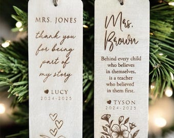 Personalized Engraved Wood Bookmark, Custom Teacher Appreciation Gift, Christmas Teacher Gift