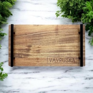 Acacia Wood Serving Tray with Black Metal Handles, Personalized Gift
