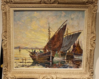 Vintage original Oil Painting on canavs,Fishing departure in the evening,framed signed BARGIN,signed oil painting,seaside oil painting