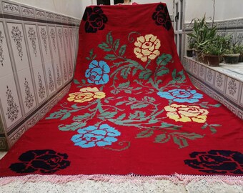 Handmade Area Rug,Wool Red Folral Rug,Bed room rug,Livign room Area Rug,Algerian Berber Rug,Vintage Large Rug 6.59 × 12.23 ft