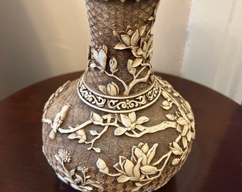 Vintage Arnart Imports Vintage Carved Resin Vase Ivory Dynasty Birds & Flowers