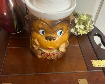 Pot à biscuits vintage en céramique marron singe avec chapeau de marin, années 60 - Japon
