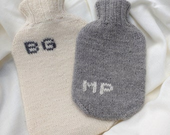 Personalized hot water bottle cover with monogram, knitted with natural Merino wool, handmade in Germany