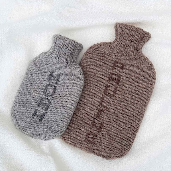 Knitted hot water bottle cover with personalised letter, natural wool Merino, handmade in Germany