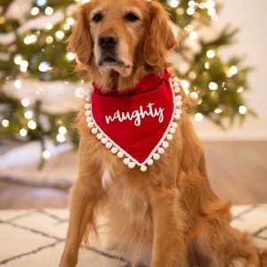 Naughty christmas, holiday, dog bandana, red, christmas, over the collar, pom pom dog bandana, naughty dog, white and red, script, fringe image 1