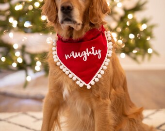 Naughty christmas, holiday, dog bandana, red, christmas, over the collar, pom pom dog bandana, naughty dog, white and red, script, fringe