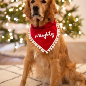 Naughty christmas, holiday, dog bandana, red, christmas, over the collar, pom pom dog bandana, naughty dog, white and red, script, fringe image 6