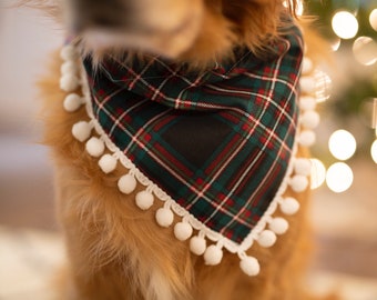 dog bandana, winter, over the collar, green and red, christmas plaid, festive, personalized, pom poms, black, christmas dog, christmas