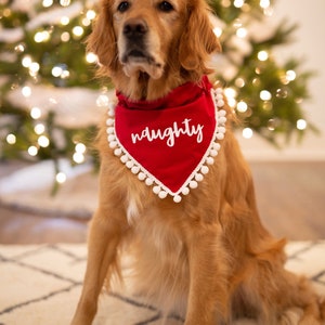 Naughty christmas, holiday, dog bandana, red, christmas, over the collar, pom pom dog bandana, naughty dog, white and red, script, fringe image 3