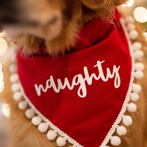 Naughty christmas, holiday, dog bandana, red, christmas, over the collar, pom pom dog bandana, naughty dog, white and red, script, fringe image 5