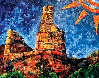 May include: An abstract painting of a desert landscape featuring red rock formations under a blue sky with an orange sun. The artwork uses bold brushstrokes and vibrant colors to depict the natural scenery. Green foliage is visible at the base of the rock formations.