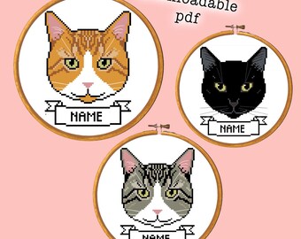 Custom Cat Name Cross Stitch Pattern - Choose tabby, tiger, or black cat (PDF Digital Download)