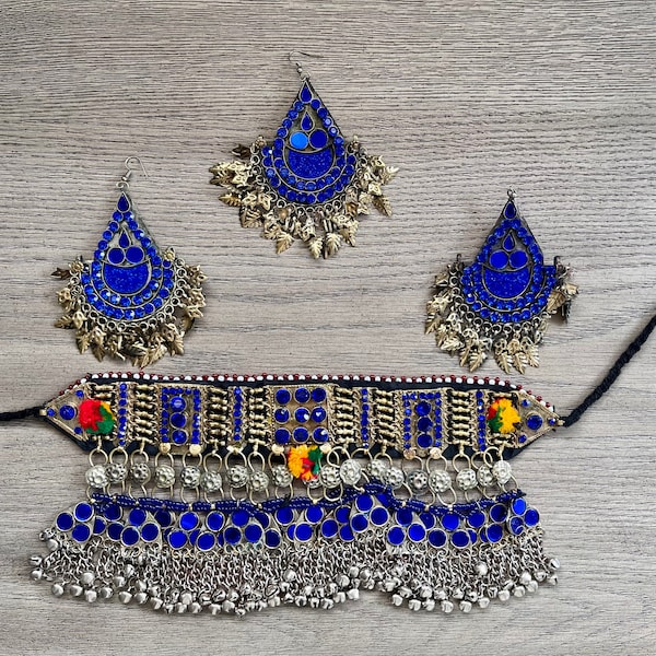 Beautiful Blue Kuchi Jewelry Set, Blue Kuchi Choker, Blue Afghan Earrings, Kuchi Headpiece, Wedding Jewelry, Afghan Jewelry