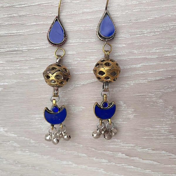 Vintage Dome Earrings with Blue Stones, Ethnic Shaped Earrings, Afghan Jewelry, Boucles D'oreilles, Dangle Earrings with Bells