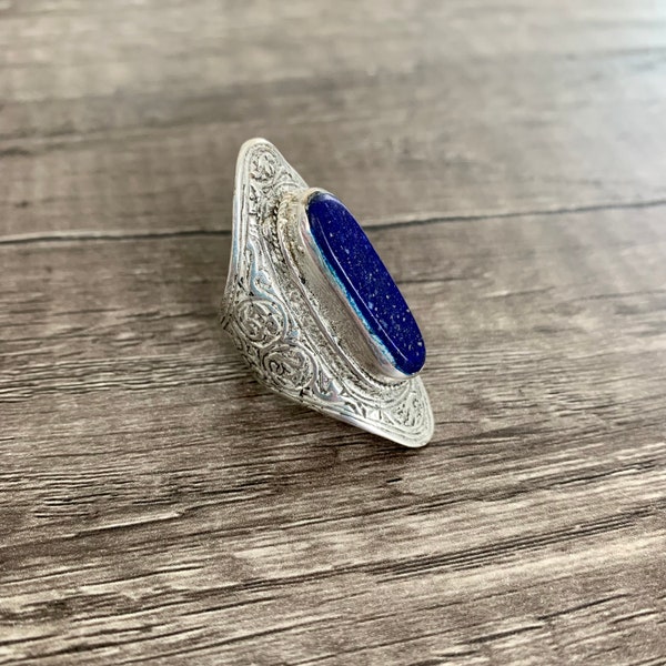 Long Lapis Lazuli Ring, Unisex Aqeeq Ring, Silver Saddle Ring, Elongated Lapis Ring, Afghan Lapis Jewelry