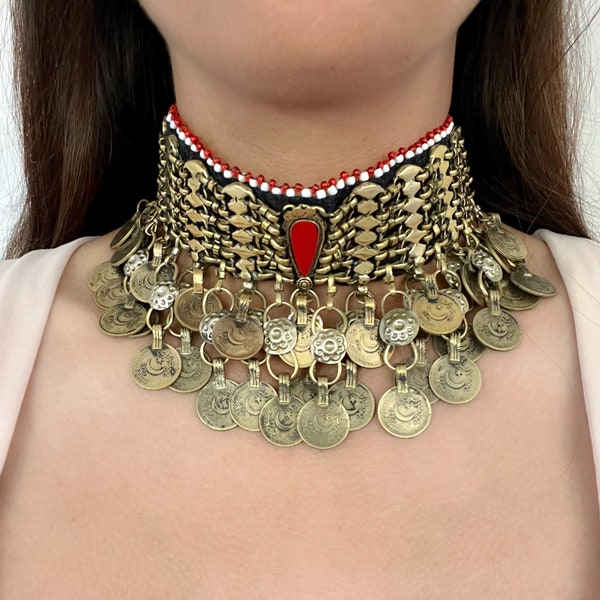 Charmante Vintage Kuchi Choker Vintage Gold Tone munten, grote Afghaanse choker, Collier Ethnique, Afghaanse sieraden