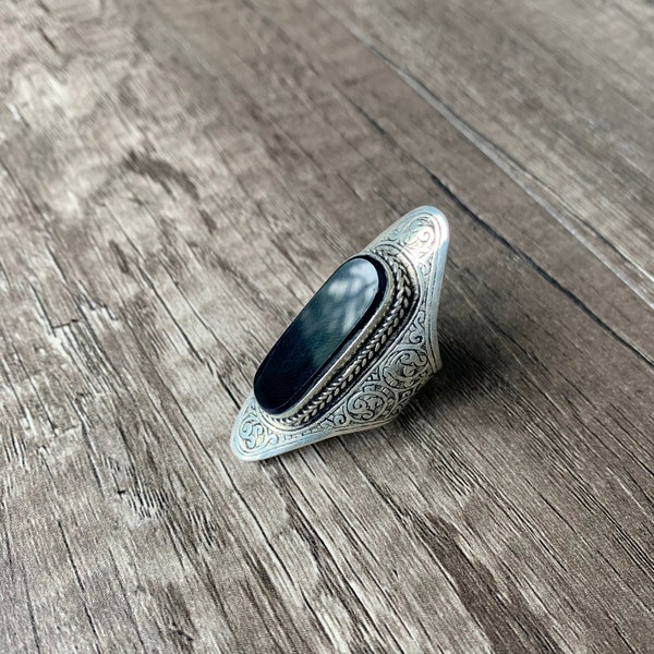 Beautiful Black Onyx Ring, Unisex Aqeeq Ring, Silver Saddle Ring, Elongated Onyx Ring, Afghan Ring, Bohemian Ring, Ethnic Ring