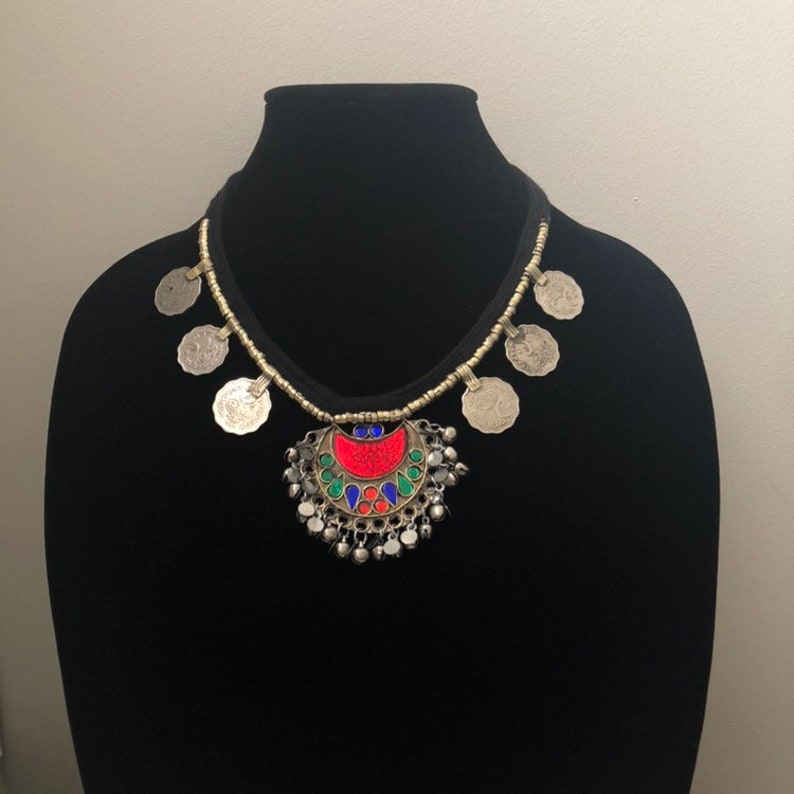 Multicoloured Kuchi Pendant Necklace with Silver Coins Vintage Tribal Necklace Unique Handmade Pendant Afghan Necklace Statement Jewelry