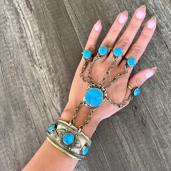 Vintage Blue Enamel Slave Bracelet, Afghan Slave Bracelet, Bracelet with Rings, Panja, Ethnic Bracelet