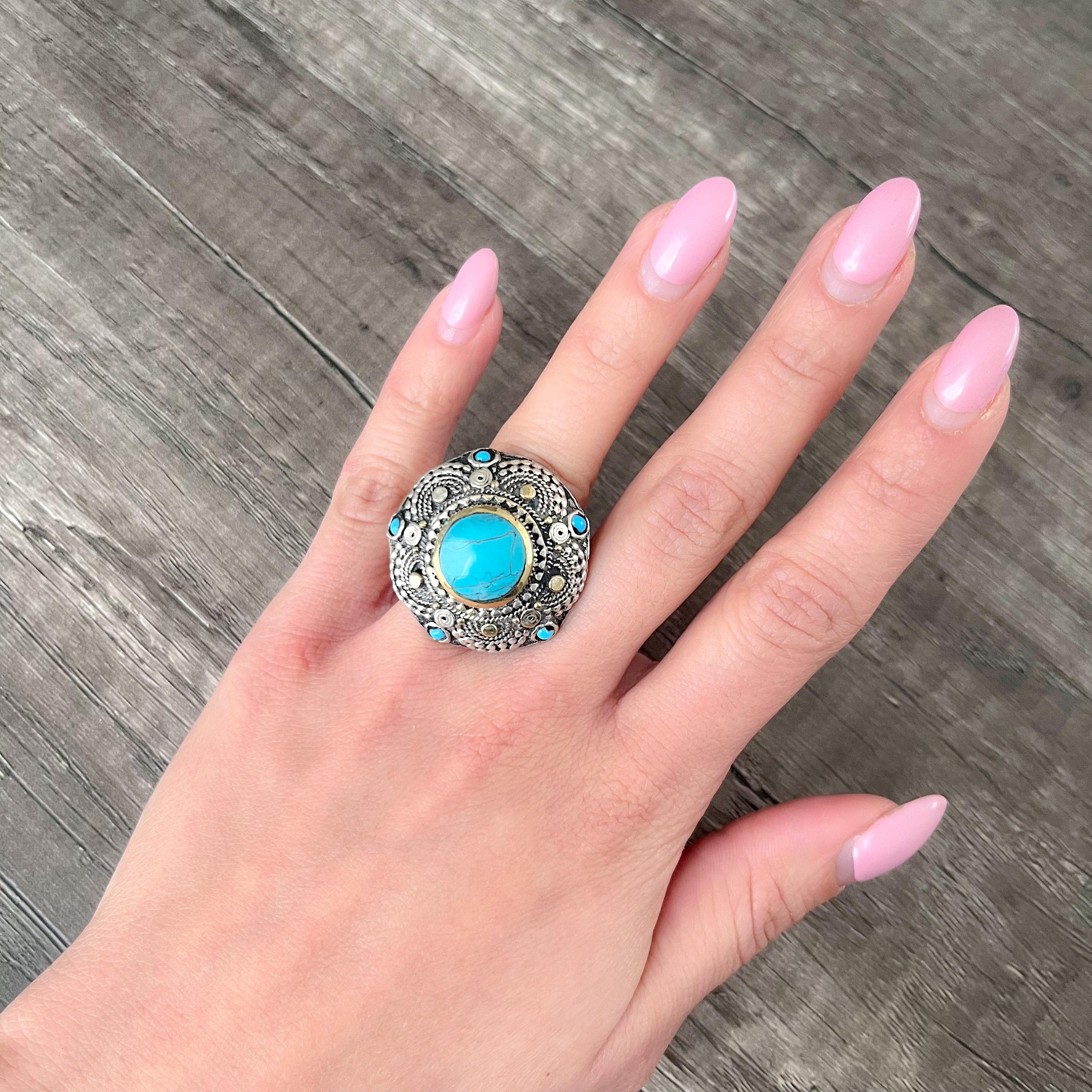Vintage Round Turquoise Ring With Blue Beads Adjustable Etsy
