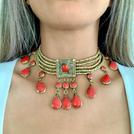 Coral Choker Necklace, Vintage Coral Choker, Afgh… - image 1