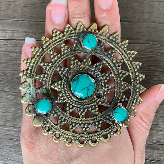 Massive silver ring 925 cabochon turquoise turquoise green T 54 jewel