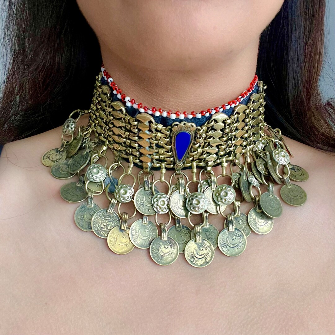 Charming Vintage Kuchi Choker Vintage Gold Tone Coins, Large Afghan