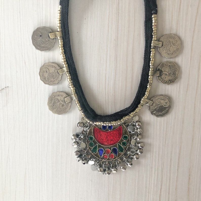 Multicoloured Kuchi Pendant Necklace with Silver Coins Vintage Tribal Necklace Unique Handmade Pendant Afghan Necklace Statement Jewelry