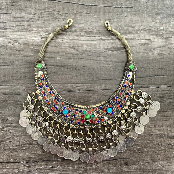 Vintage Torc Choker with Glass Stones and Coins, O