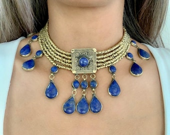 Lapis Lazuli Choker Necklace, Vintage Lapis Choker, Afghan Bib Necklace, Afghan Jewelry, Teardrop Choker, Collier Ethnique