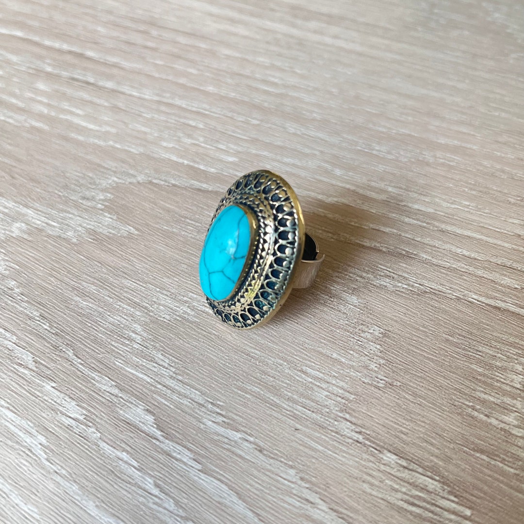 Large Vintage Oval Turquoise Ring, Adjustable Afghan Ring, Bohemian ...