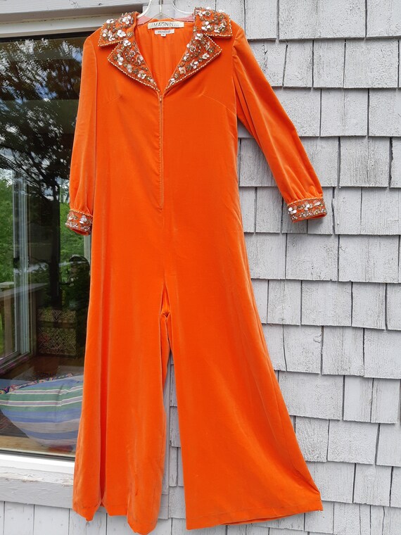 Vintage Orange Velvet Jumpsuit 1970s Groovy